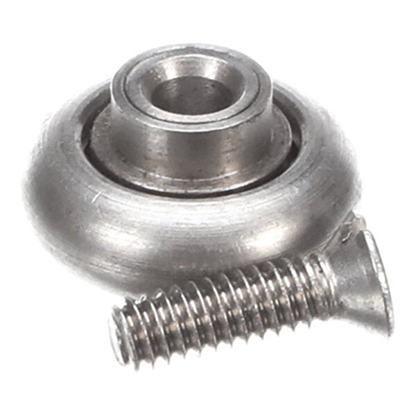 A metal roller with a central hole and an accompanying screw placed beside it.