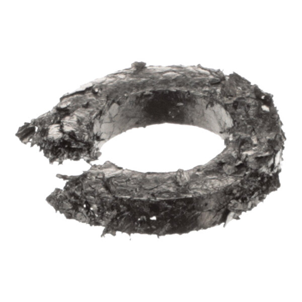 A rough, dark, circular ring with a textured, uneven surface and a gap, resembling a worn or damaged O-ring.
