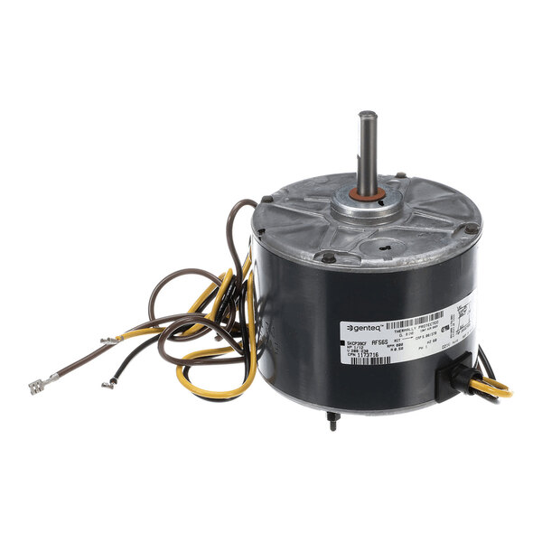 A cylindrical electric motor with a central shaft and several attached wires, featuring a label with technical information.