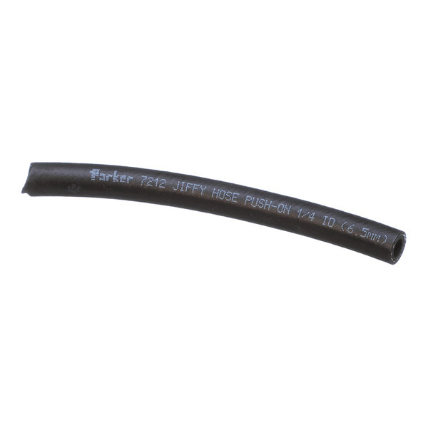 A short length of black flexible hose with white printed text along its side.