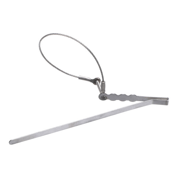 A metal rod with a notched handle and an attached looped wire, likely part of a mechanical or electrical assembly.