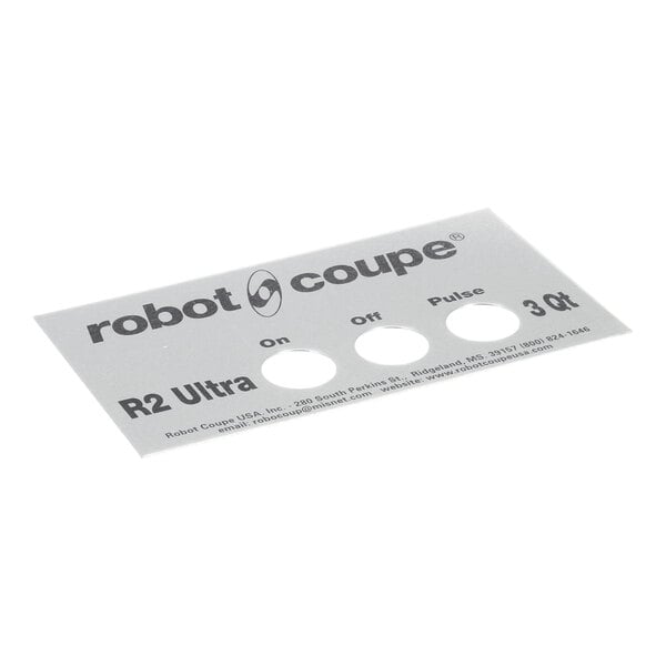 A rectangular control panel label with three circular cutouts labeled 'On,' 'Off,' and 'Pulse,' and text including 'robot coupe,' 'R2 Ultra,' and '3 Qt.'