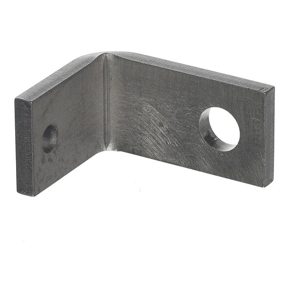A metal L-shaped bracket with two holes, one on each arm, designed for mounting or support purposes.