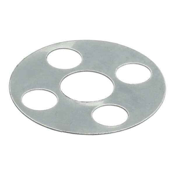 A round, flat metallic disc with five circular holes arranged symmetrically.