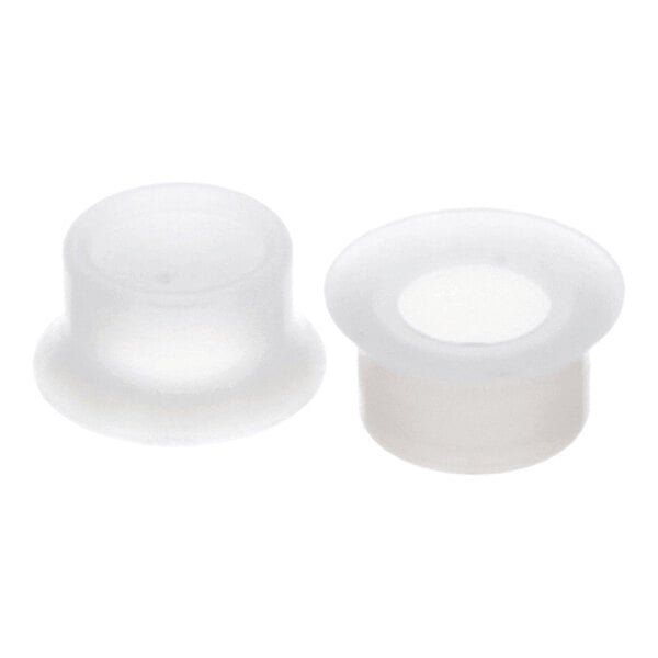 Two translucent, cylindrical rubber caps with flared edges are shown against a white background.