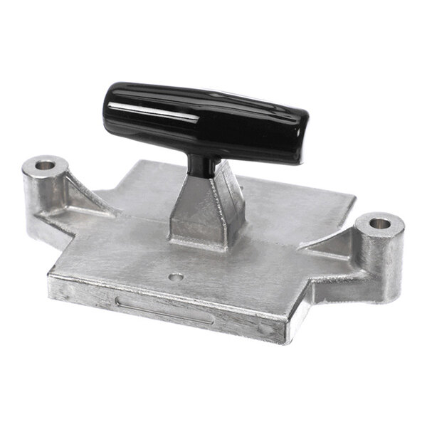 A metal component with a flat base and a black T-shaped handle mounted on top.