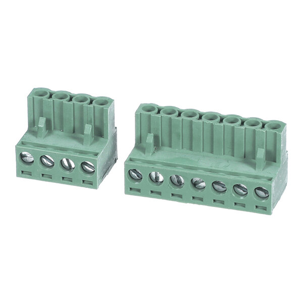 Two green plastic terminal blocks with multiple wire connection points are shown side by side.