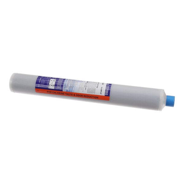 A cylindrical cartridge with a blue cap and a label indicating it is for chlorine taste and odor reduction.