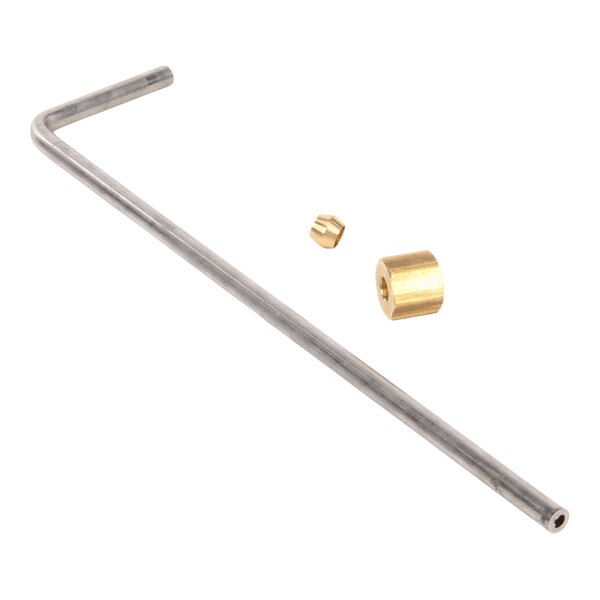 A metal L-shaped tube with two small brass fittings placed beside it on a white background.