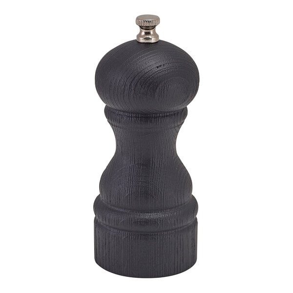A black, wooden, hand-crank mill with a metal knob on top, designed for grinding salt or pepper.