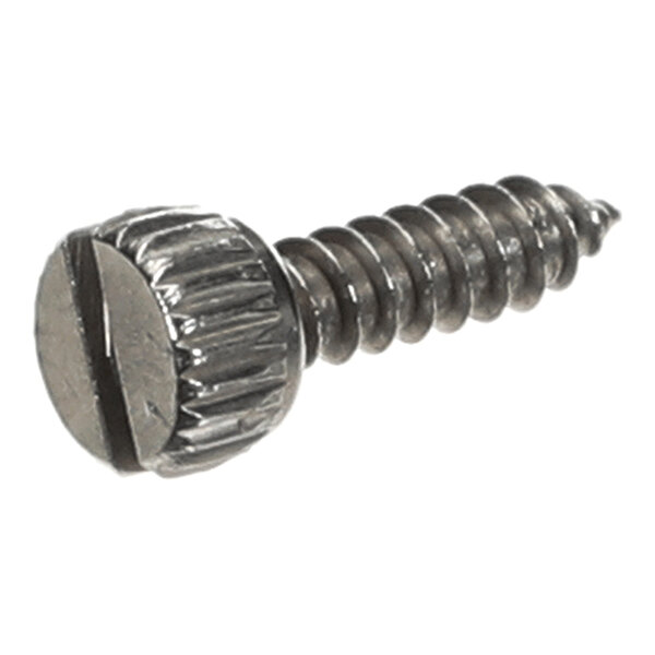 A metal screw with a slotted, knurled head and a pointed tip, designed for manual tightening.