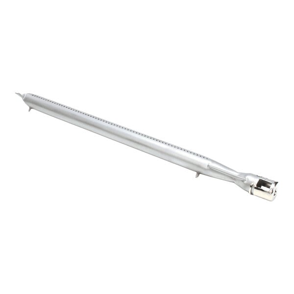 A long, metallic, tubular component with small holes along its length and a connector at one end, likely a burner tube.