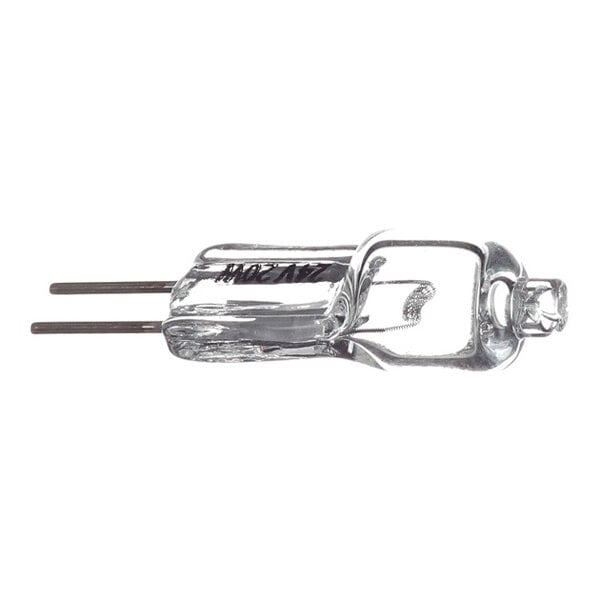 A clear, small, cylindrical light bulb with two metal prongs extending from one end.