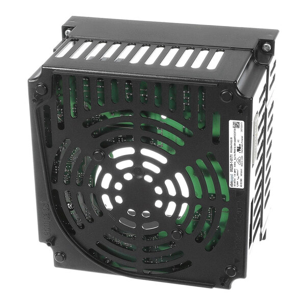 A black, box-shaped electronic component with ventilation slots and a circular vent pattern on one side, likely used for controlling a fan motor.