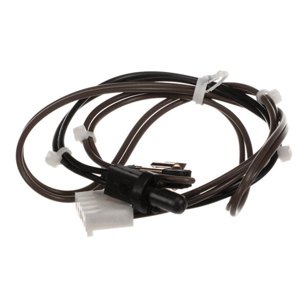 A coiled brown and black wire assembly with a white connector and a black sensor component.