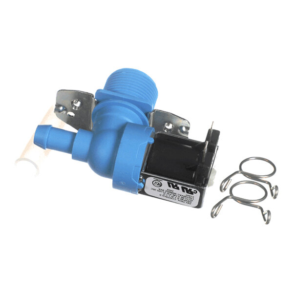 A blue and black water valve component with metal mounting brackets and two metal clips placed beside it.