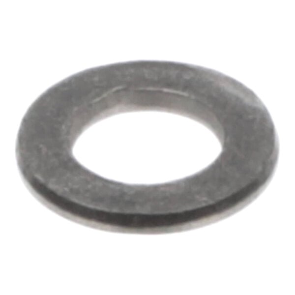 A metallic, flat, circular washer with a central hole.