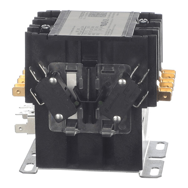 A black and metallic electrical contactor with multiple terminals and a label on top, mounted on a metal base.