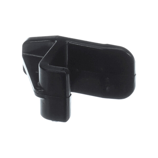 A black, L-shaped plastic clip with rounded edges and a protruding cylindrical section.