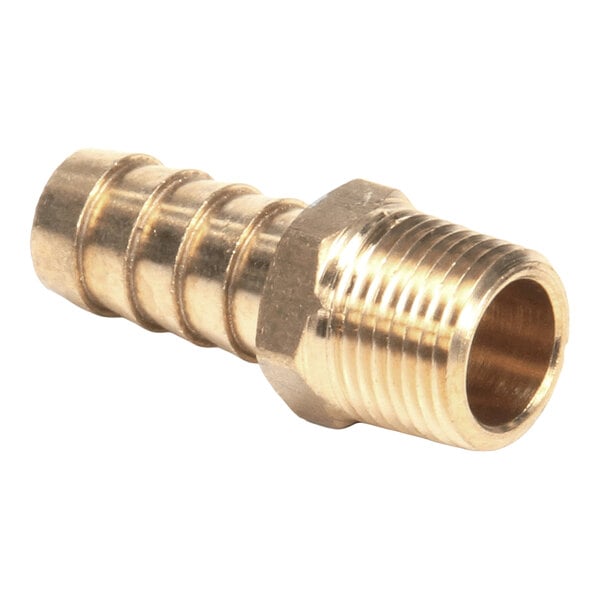 A brass-colored metal fitting with a threaded end and a ribbed hose barb end.