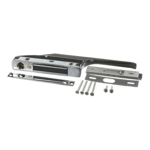 A metal handle assembly with mounting plates and screws, shown disassembled on a white background.