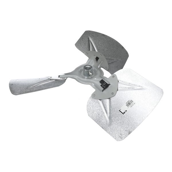 A three-blade metallic fan blade assembly with a central mounting hub and a barcode sticker on one blade.