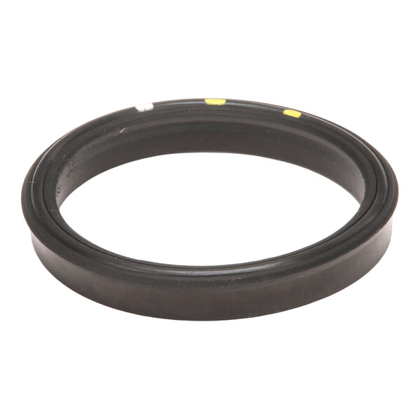 A black circular rubber-like ring with a flat profile and small colored markings on its edge, resembling a seal or gasket.