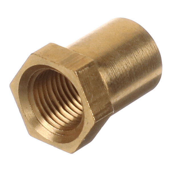 A brass-colored, hexagonal metal fitting with internal threading.