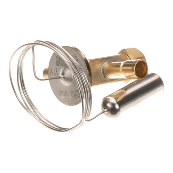 A brass and metal valve component with an attached coiled wire and cylindrical sensor.