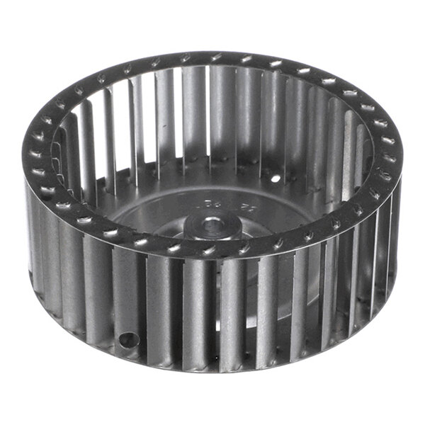 A metal cylindrical wheel with evenly spaced vertical blades around its circumference.