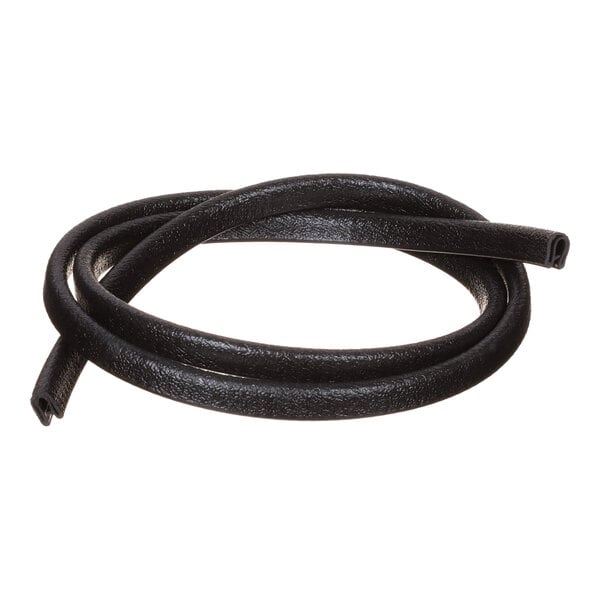 A coiled length of black, flexible trim or edging with a textured surface.