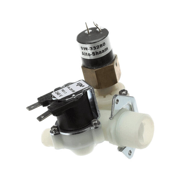 A double port solenoid valve assembly with electrical connectors and labeled components.