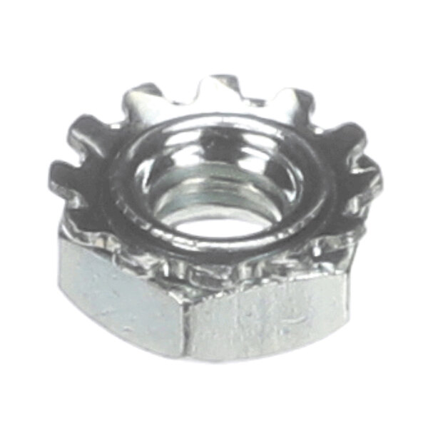 A close-up view of a metallic hexagonal nut with an integrated serrated flange.