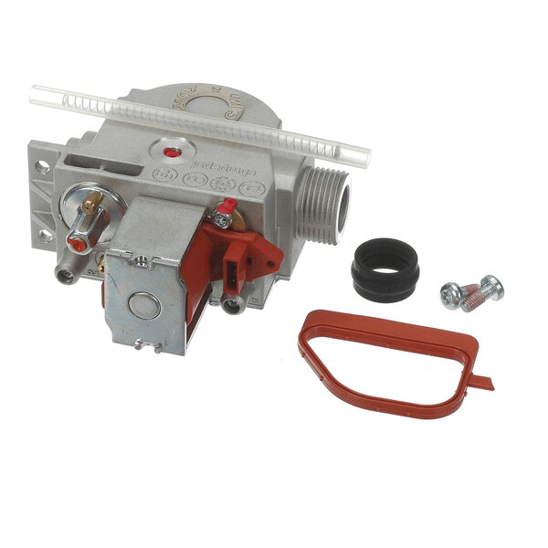 A metal gas valve assembly with attached components, including a red plastic lever, a black rubber ring, two screws, and a red plastic frame, all placed on a white background.