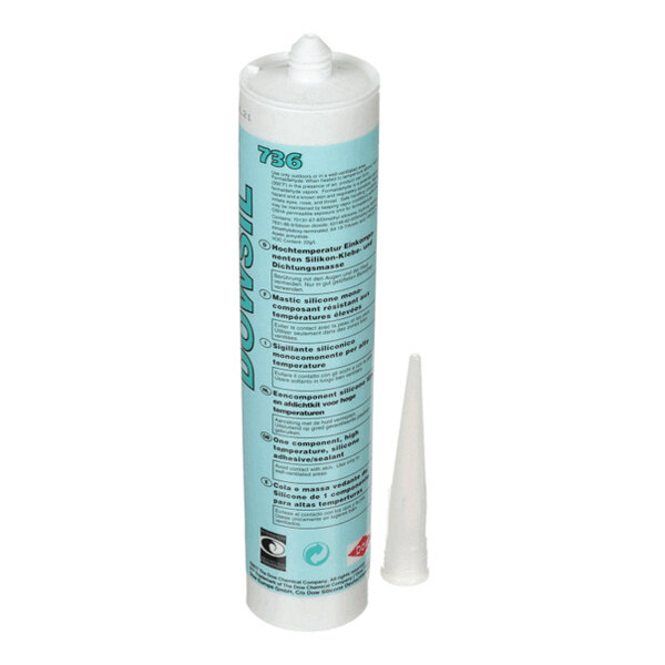 A cylindrical cartridge with a blue label and a separate pointed nozzle, typically used for dispensing sealant or adhesive.