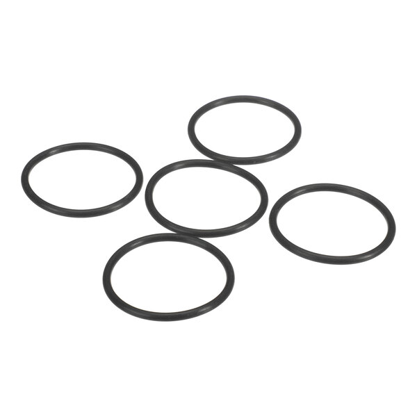 Five black circular rubber-like rings are arranged on a white background.