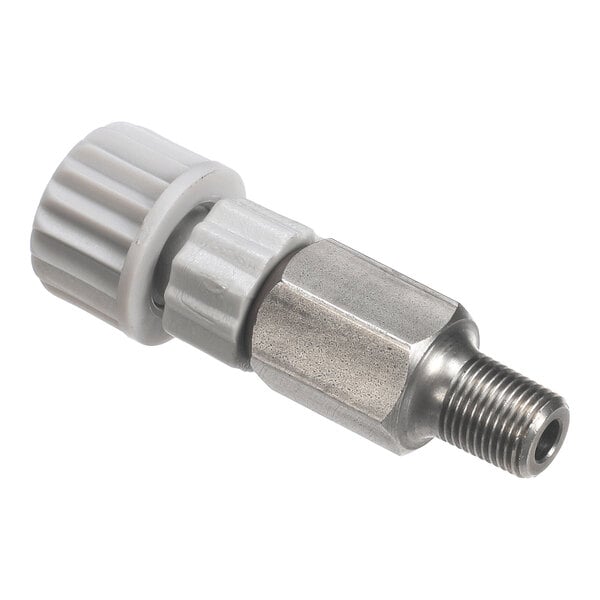 A metal and plastic threaded fitting with a knurled grip, likely used for connecting tubing or hoses.
