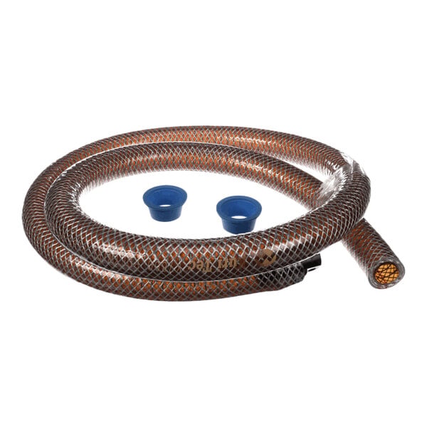 A coiled, transparent tube with a mesh-like pattern and two blue plastic caps placed inside the coil.