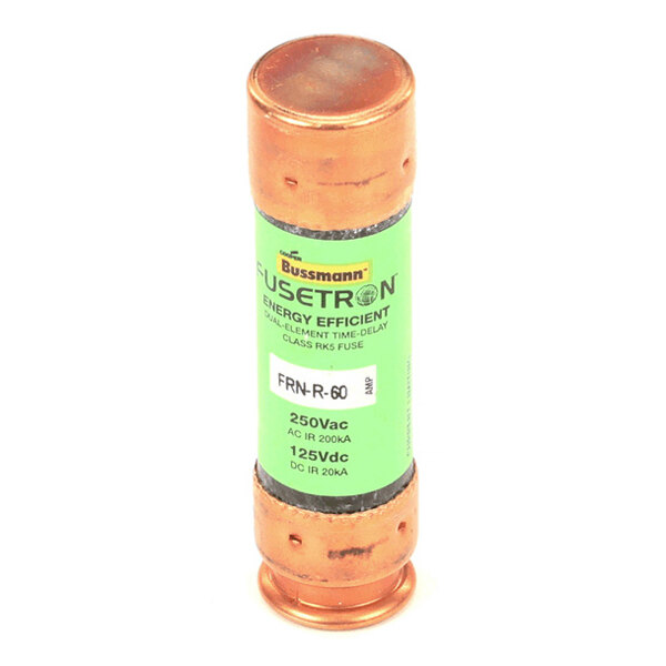 A cylindrical fuse with copper-colored metal ends and a green label displaying specifications and the brand name 'Bussmann Fusetron.'