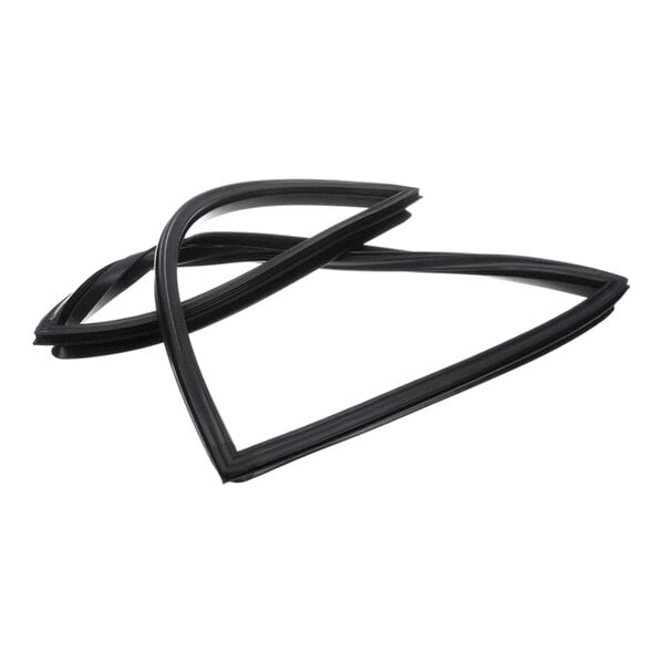 A black, triangular-shaped rubber gasket or seal is shown against a white background.