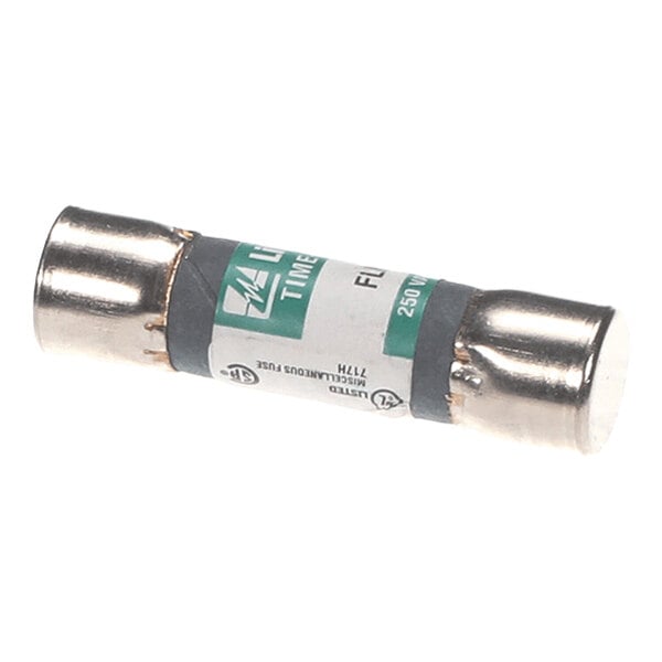 A cylindrical fuse with metallic end caps and a labeled body, showing electrical specifications.