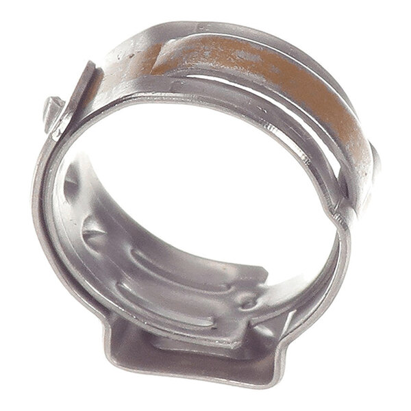 A close-up view of a metallic circular clamp with a slightly worn surface and a tab for tightening or loosening.