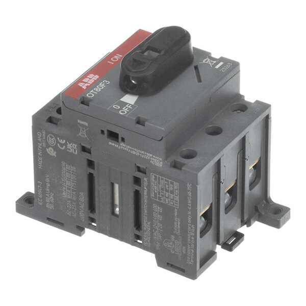 A gray and black electrical switch with a rotary handle labeled 'ON' and 'OFF,' featuring three connection terminals and technical markings on the side.