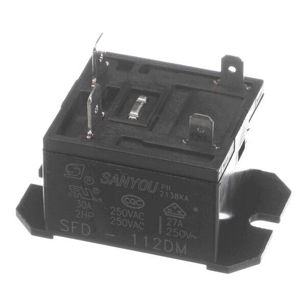 A black rectangular electrical relay with metal terminals and white printed specifications on its side.