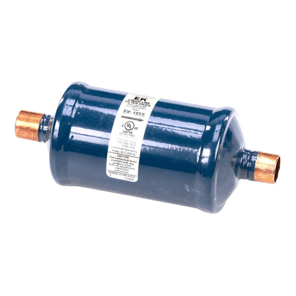A cylindrical metal component with copper pipe fittings on both ends and a white label in the center.