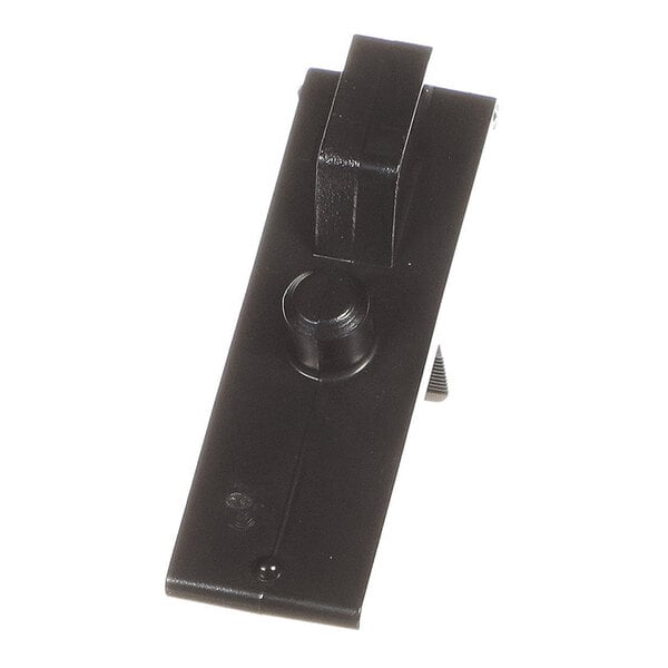 A black rectangular plastic latch component with a protruding hook and a circular knob, viewed from an angle.
