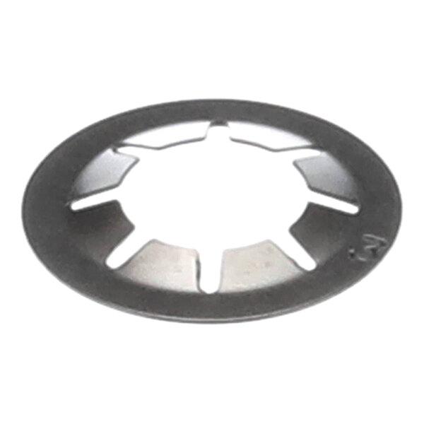 A round metallic washer-like clip with several inward-facing tabs evenly spaced around the inner edge.