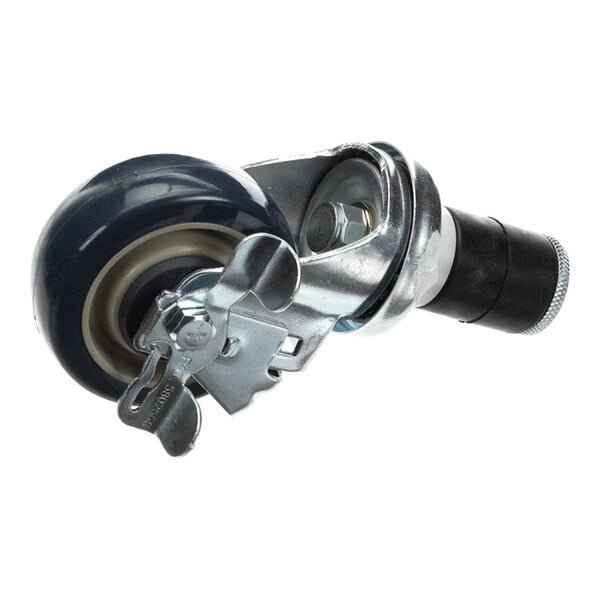A metal swivel caster wheel with a black rubber tire and a locking mechanism.