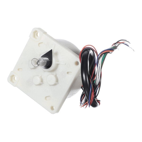 A white actuator motor with a protruding metal shaft and several colored wires attached.