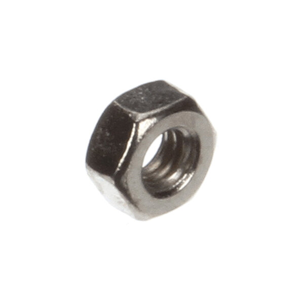 A metallic hexagonal nut with a threaded hole in the center.